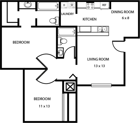 Floor plan for 2 beds, 2 baths, 919 sqft